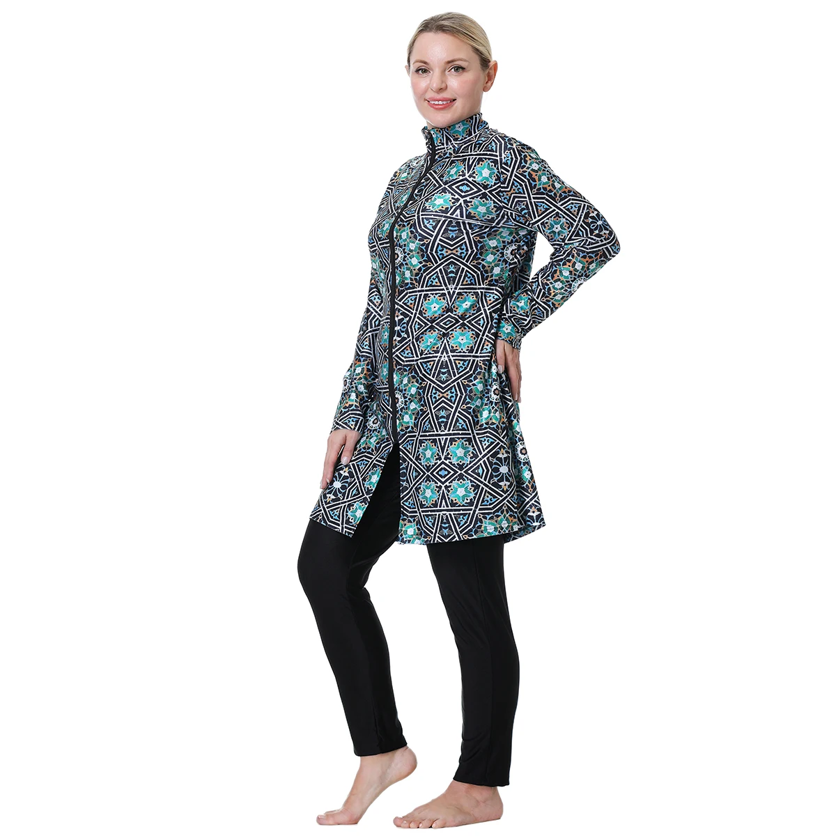 Afbeelding 4: H1024 Moslima's Volledige Bedekking Lange Mouwen Burkini Driedelige Plus Size Geprinte Zwemkleding Set