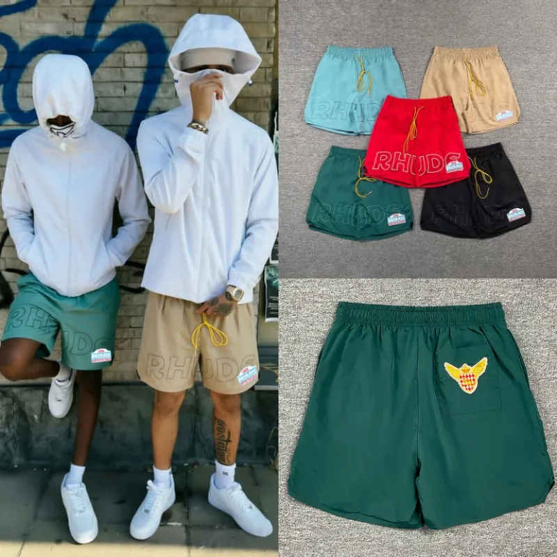 New RHUDE Unisex Casual Shorts Large Outline Letter Print Patch Label Drawstring Elastic Waist Street Short Pants