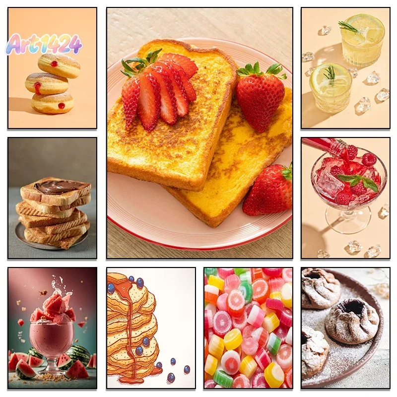 French Pastries Berry Blueberries Cake Cream Puff Poster Wall Art HD Pictures Canvas Painting Room kitchen Home Decor Framele