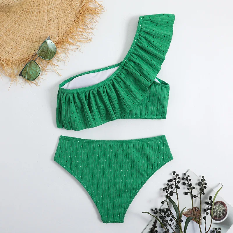 Eine Schulter Rüschen Bikini Set 2025, Frauen Feste Badeanzug Hohe Taille Sexy Bademode Weibliche Bade Schwimmen Anzug Bademode Sommer