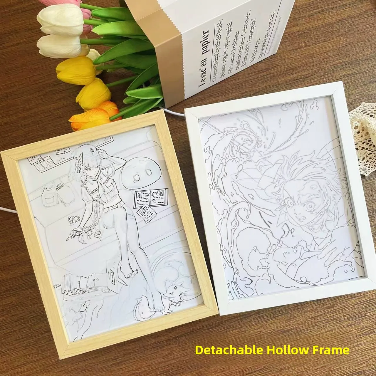 

Handmade DIY Flow Hemp 3D Hollow out Mirror Light Picture Frame Creative Style Wooden Frame Rectangle Shape Home Decor