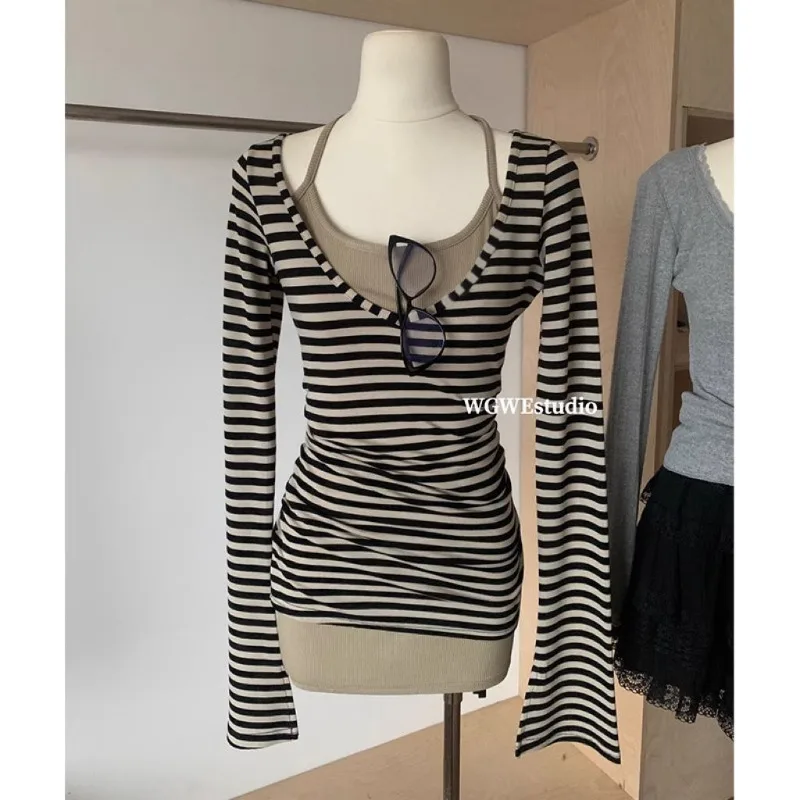 Fine Cotton Autumn Retro Striped Long-sleeved Tops for Women New Slim Commuting Casual Fashion Bottoming Shirts