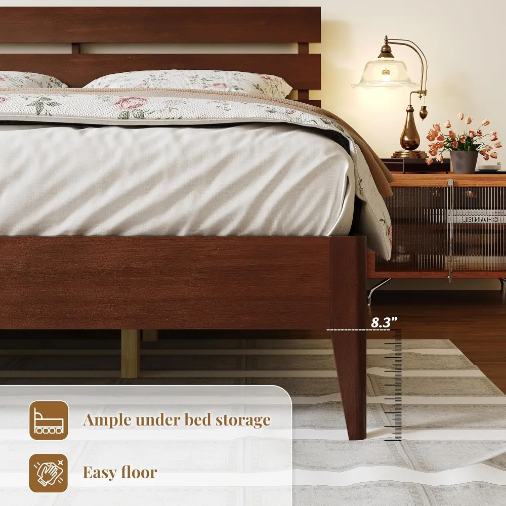 إطار سرير كوين خشبي مع لوح رأسي، سرير بمنصة خشبية صلبة حديثة من منتصف القرن مع أرجل خشبية صلبة ودعم شرائح خشبية، قش #4