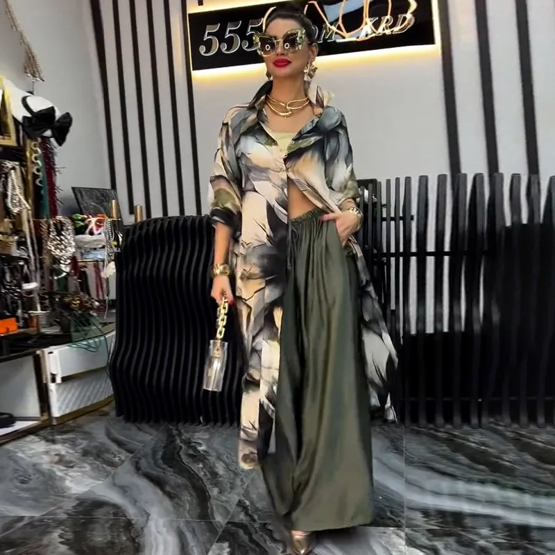 

Women Pant Sets Print Shirts Two Piece Single Breasted Long Cardigan Fulls Sleeve Spliced Elegant High Waist Pants Office Lady