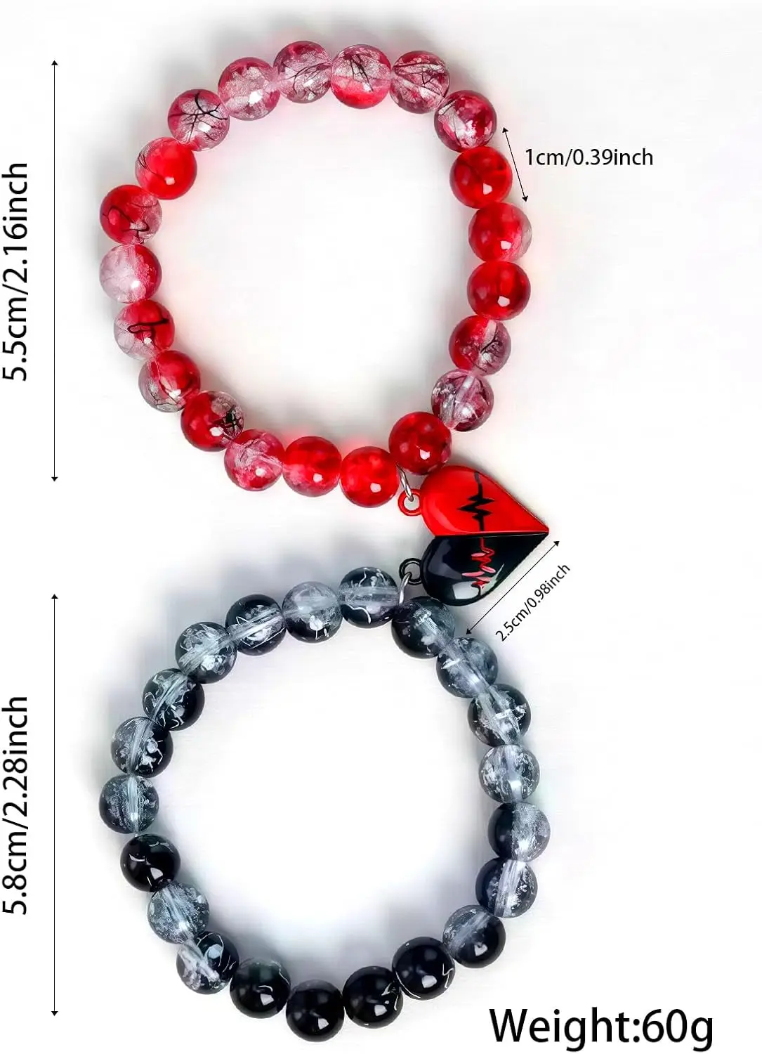 1 Set passende Herz-Armbänder für Paare, rot-schwarze Perlen, Freundschaftsschmuck für Sie und Ihn