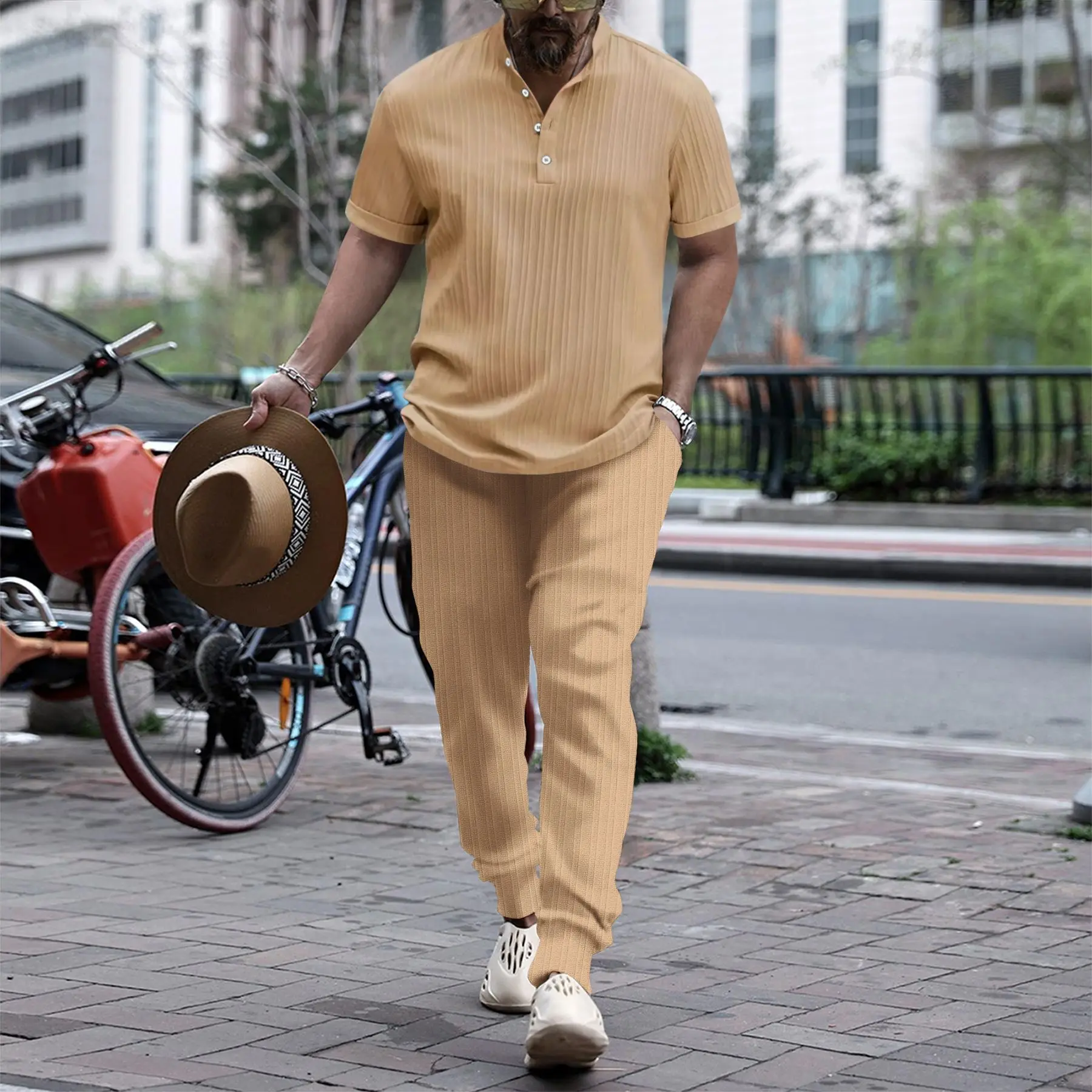 Camisa con cuello levantado para hombre, pantalón corto informal a rayas, pantalones de calle a la moda, primavera y otoño, 2024