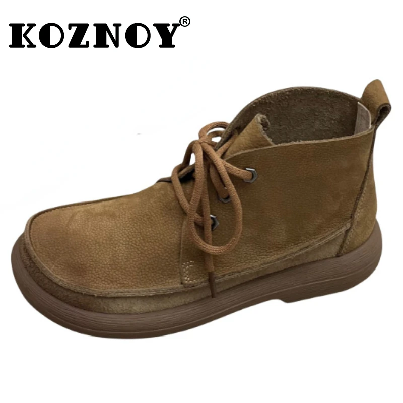 

Koznoy 3cm Retro Suede Genuine Leather Winter Plush Moccasins Rubber Soled Flats Lofers Women Ankle Boots Spring Autumn Shoes