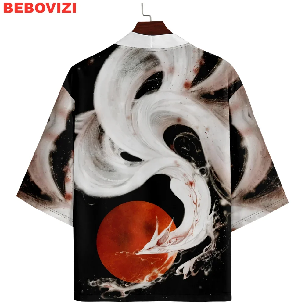 

Anime Nine-tailed Fox Print Cardigan Beach Yukata Japanese Kimono Streetwear Men Women Haori Clothes Plus Size 4XL 5XL 6XL