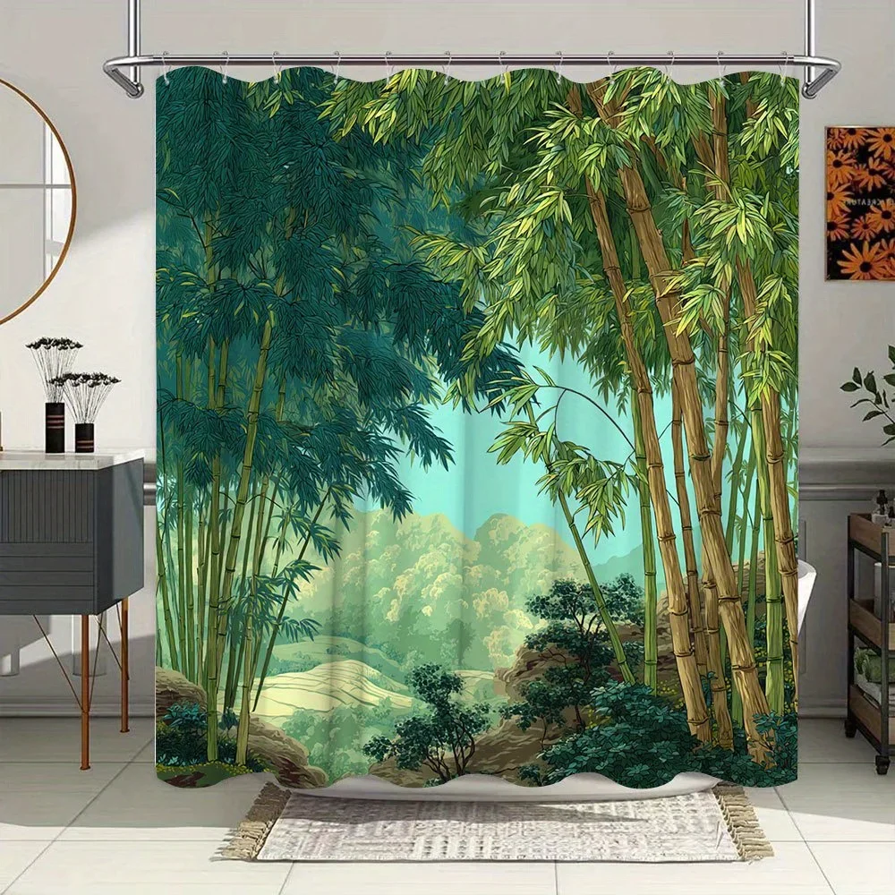 1 шт. бамбуковая лесная занавеска для ванны — спокойный пейзаж с высокими тонкими стеблими, пишная зеленая листва и катящиеся пагорбы, реалистичный стиль 1 шт. бамбуковая лесная занавеска для ванны — спокойный пейзаж с высокими тонкими стеблими, пишная зеленая листва и катящиеся пагорбы, реалистичный стиль