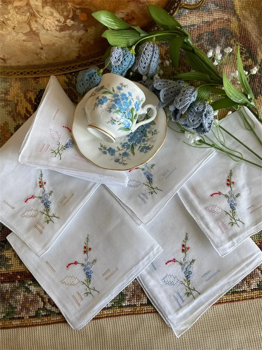 50PCS Vintage Antique Handmade Handkerchief Napkin 80’s Gift Flower Hanky Embroidered 6 Pieces