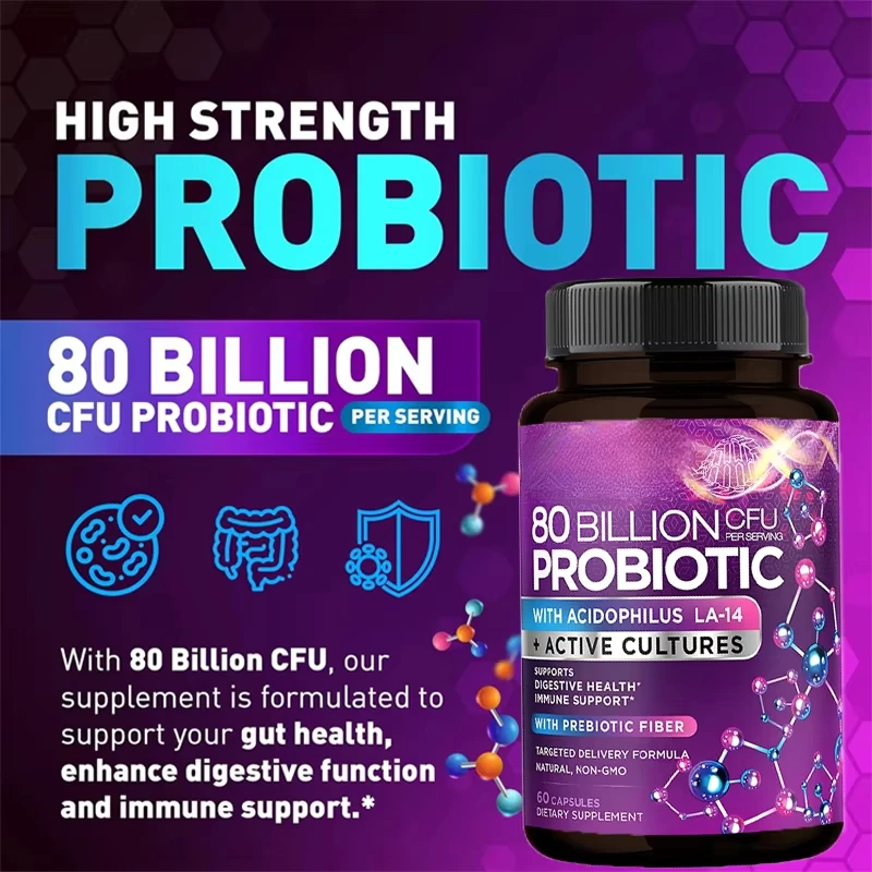 80 billion CFU probiotic Lactobacillus acidophilus, Bifidobacterium, and Probiotics Non GMO, gluten and dairy free, 60 capsules