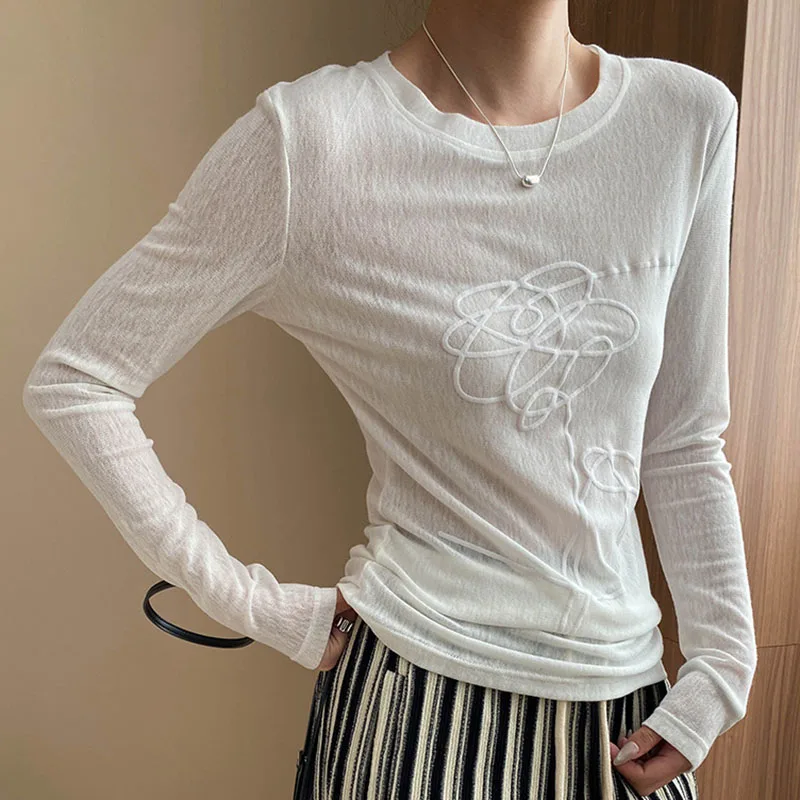 Women T-shirt Round Neck Three-dimensional Printed Pattern Slightly Transparent Solid Color Simple Versatile Long Sleeved Top