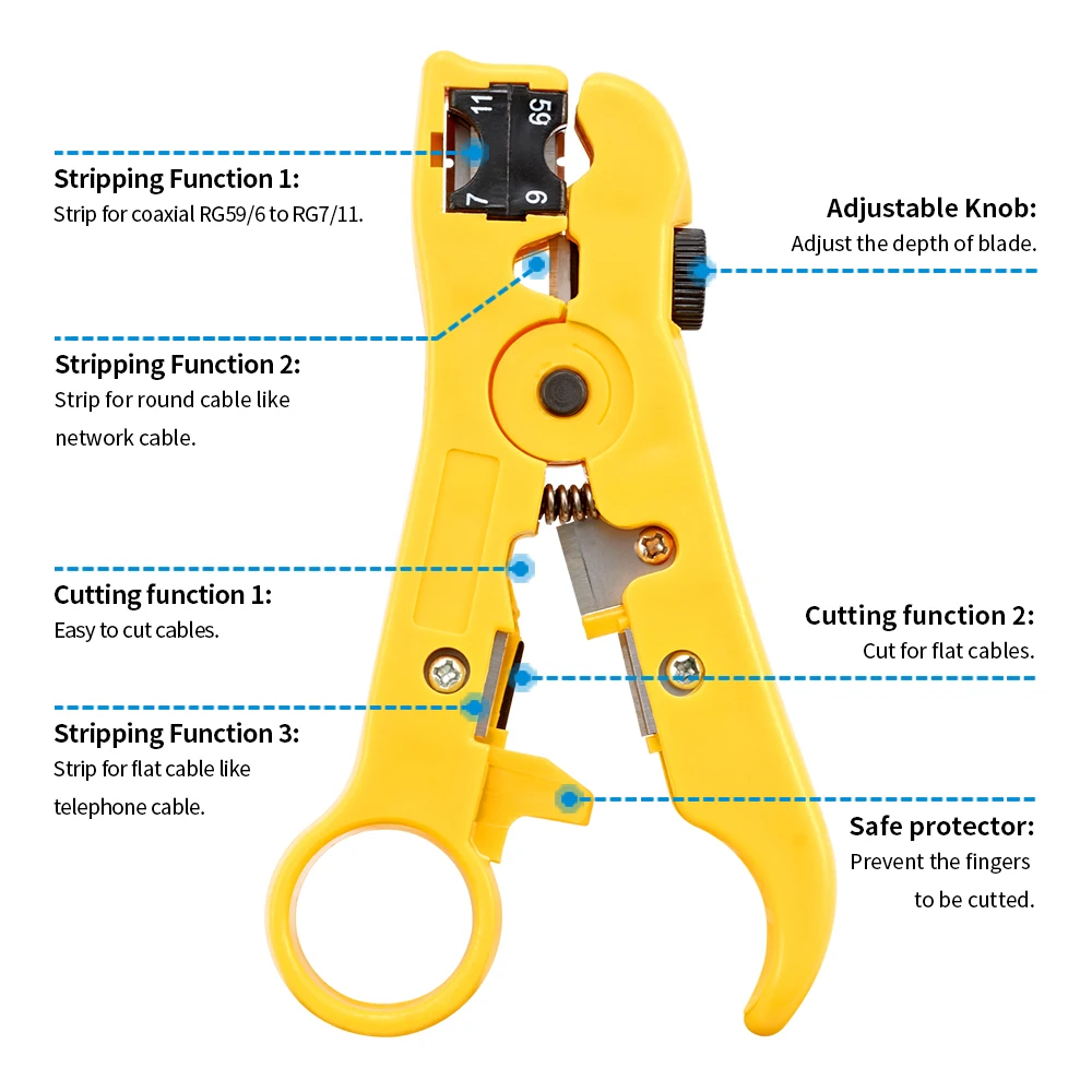 Adjustable Coaxial Cable Stripper for RG59 RG6 RG11 RG7 UTP STP Round & Flat Cable Wire Stripping Cutter Tool