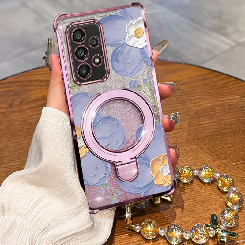 Golden Jewelry Manga Flower Phone Holder Case For Samsung Galaxy A13 A14 A15 A16 A24 A25 A34 A35 A36 A54 A55 A12 A22 4G 5G Cover