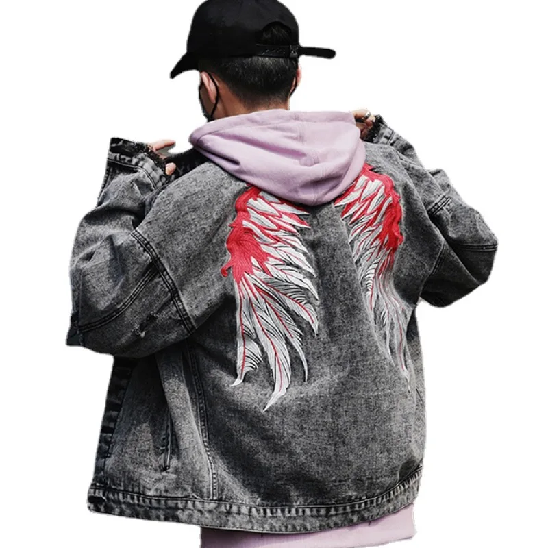 Veste en jean brodée d\'aile arrière pour hommes, manteau en denim, jean baggy, combinaison hip hop, mode Harajuku, streetwear décontracté