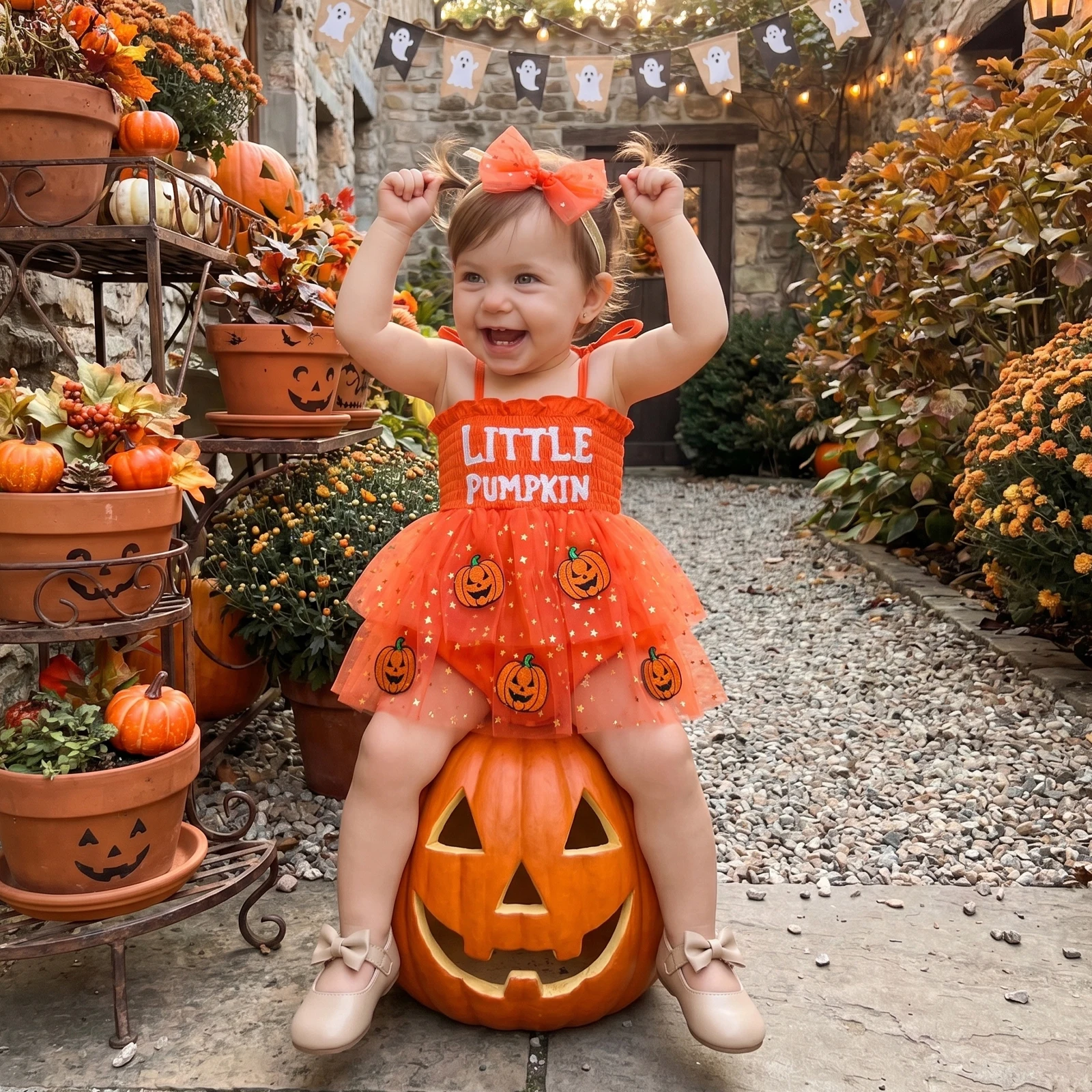 2027 Creative Baby Girls Halloween Romper Dress Sleeveless Tie-up Letter Pumpkin Embroidery Tulle Bodysuit with Headband Rompers