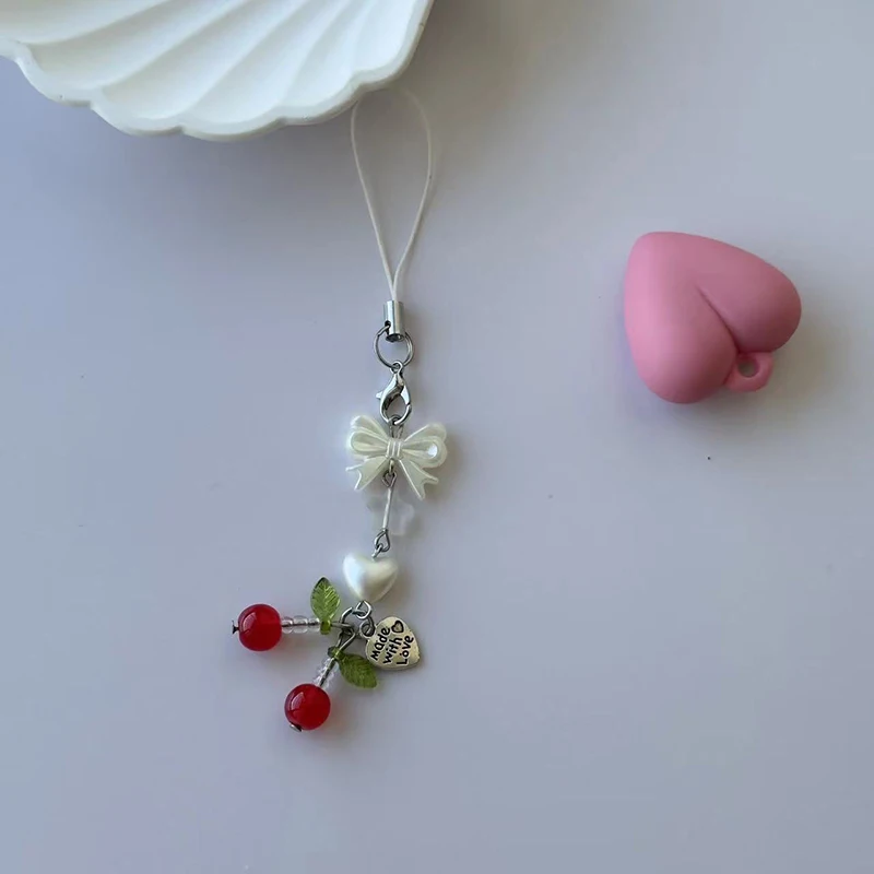 

Cute Cherry Heart Mobile Phone Chain Unique Sweet Versatile Phone Decoration Short Chain Backpack Decoration Accessories Gifts