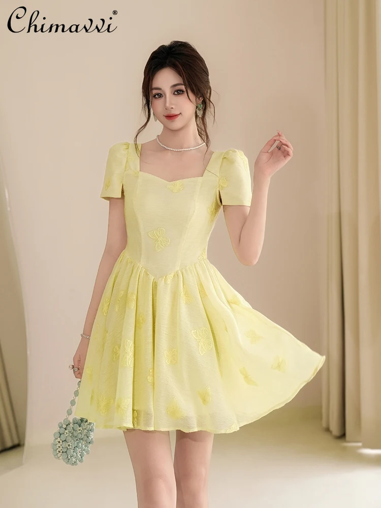 

French Elegant Gentle Yellow Dress Square Neck Puff Sleeve Butterfly Embroidery High Waist Slim A-line Short Dress Women Summer