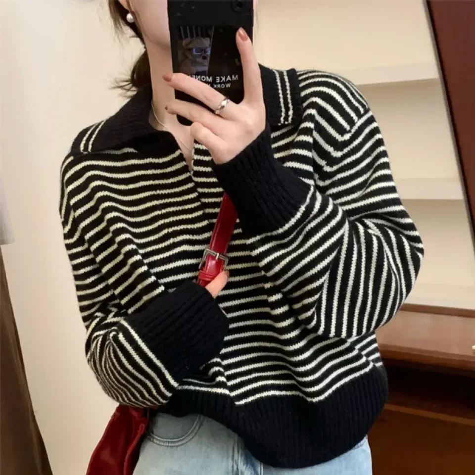 2025 Long Sleeve, Turn Down Collar, , Bottoming Shirt, Sweater, Autumn, Winter Women's Korean Stripes Knit Pullover, 4