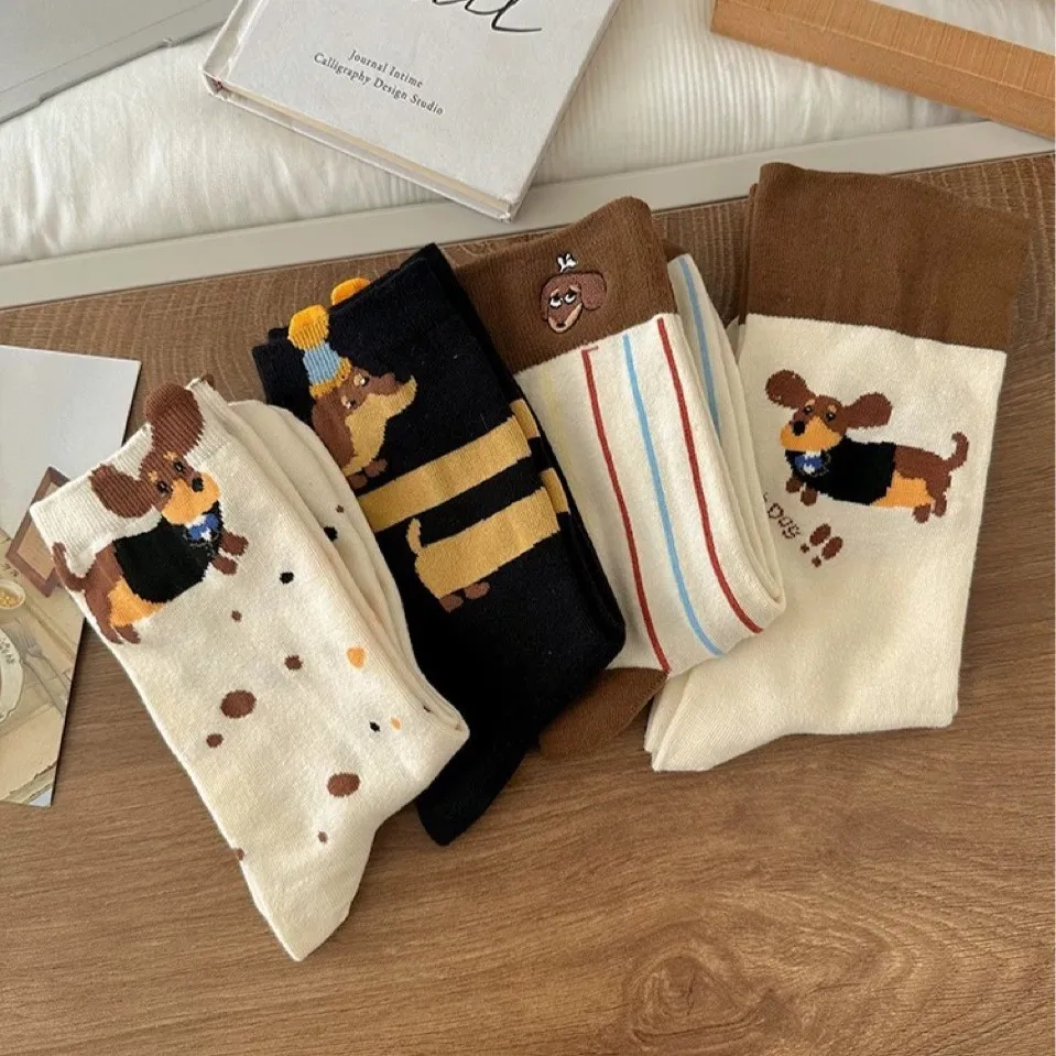 

Cute Dachshund Dog INS Women's Mid-Calf Socks Spring Summer New Cotton Cartoon Personality Long Socks Home Comfortable Socks