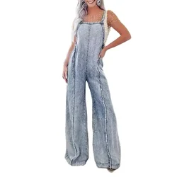 Vintage Washed Raw Edge Denim Jumpsuit Women Backless Adjustable Strap Pants Female Wide Leg One-piece Jeans Rompers Streetwear