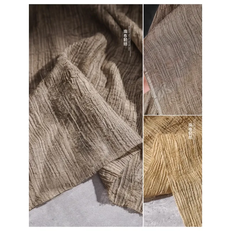 Vintage Brown Old Tattered Linear Textured Tencel Fabric Pleated Jacquard Overskirt Coat Clothing Fabric