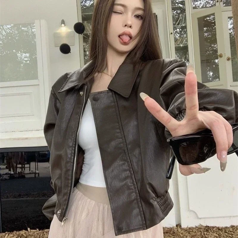 

Осень 202, кожаная куртка в стиле ретро с короткими рукавами, женская универсальная уличная одежда в американском мотоциклетном стиле, топ