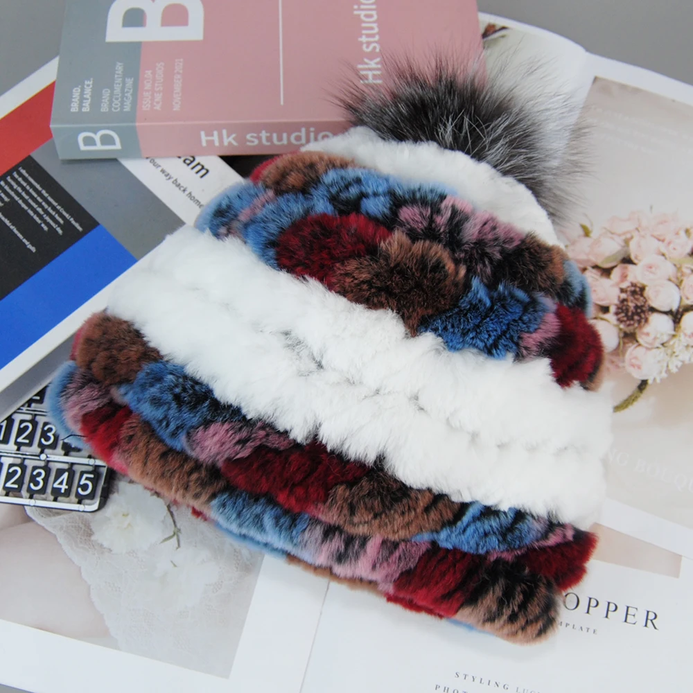 Knitted Good Elastic Women Real Fur Hat Natural Warm Rex Rabbit Fur Hats Top Fox Fur Pompom Caps Lady Quality Rex Rabbit Fur Cap