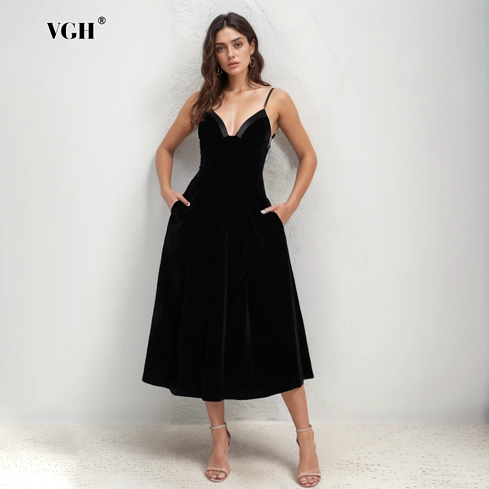 

VGH Solid Elegant Flannel Dresses For Women Square Collar Sleeveless High Waist Backless Camisole Dress Female Summer Fashion