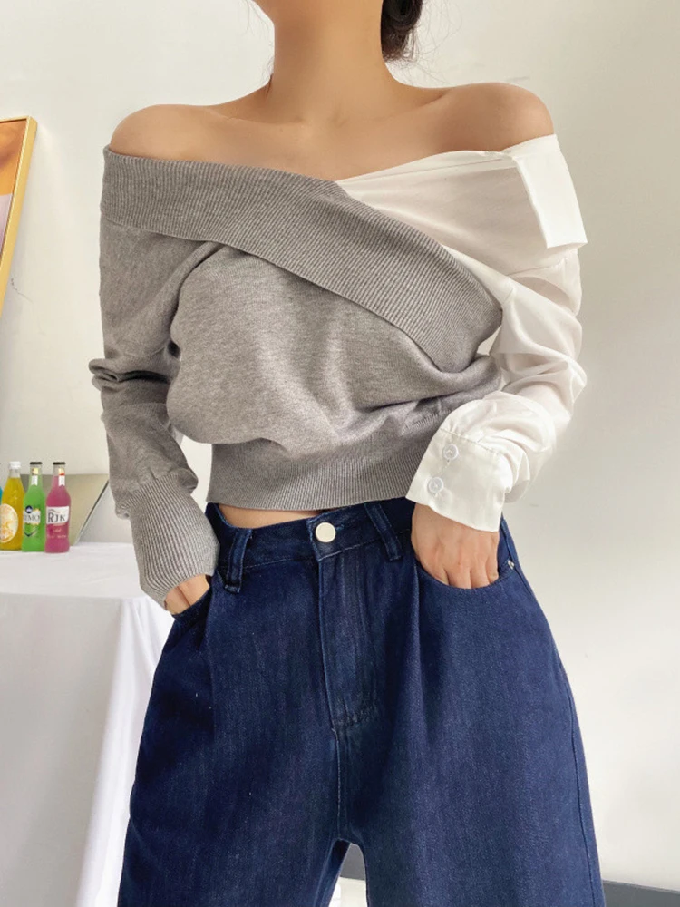 TWOTWINSTYLE Korean Shirt For Women Lapel Long Sleeve Colorblock Patchwork Knitting Blouse Female Summer Fashion 2023 Clothing