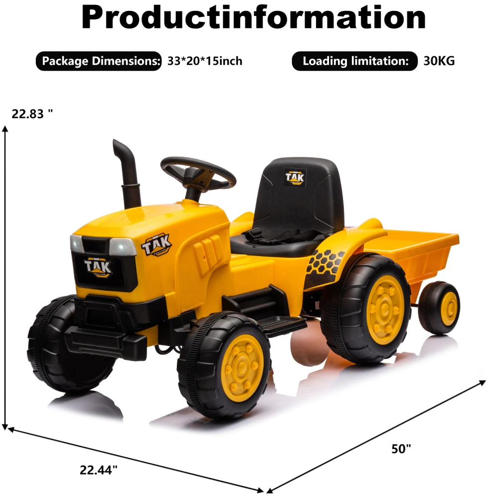 12V Kids Ride on Tractor Electric Excavator Battery Powered Motorized Car for Kids Ages 3-6, with , Detachable Trailer