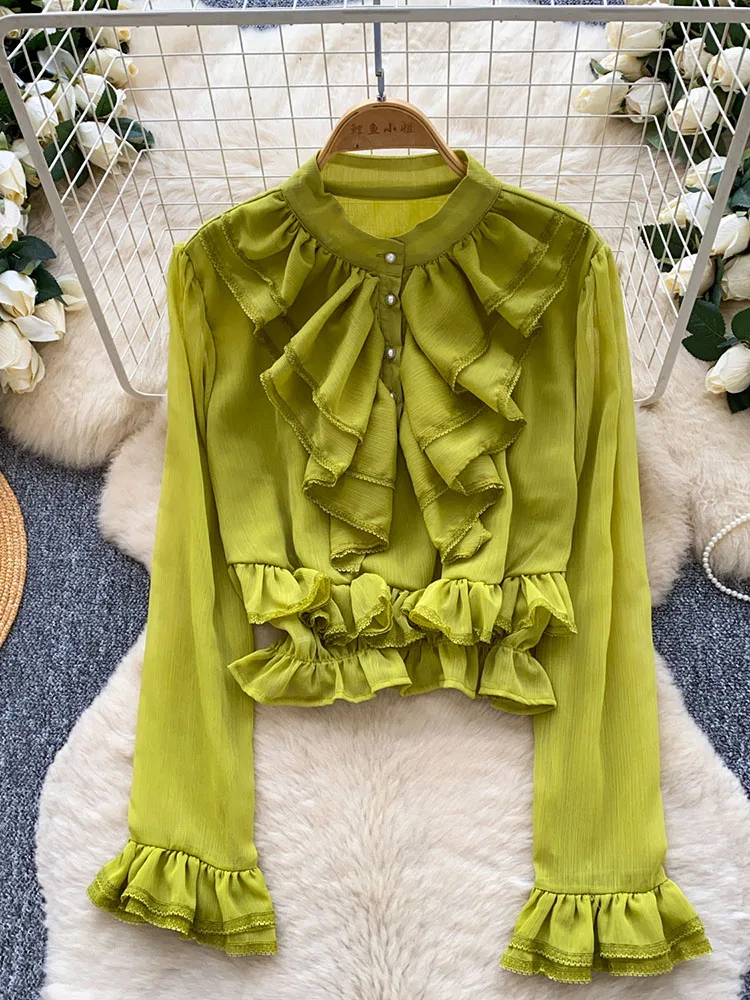 

Women Spring Blouse French Romantic Ruffled Cuff Long Sleeve Blouse Korean Office Belted Versatile Cardigan Top Female BL331
