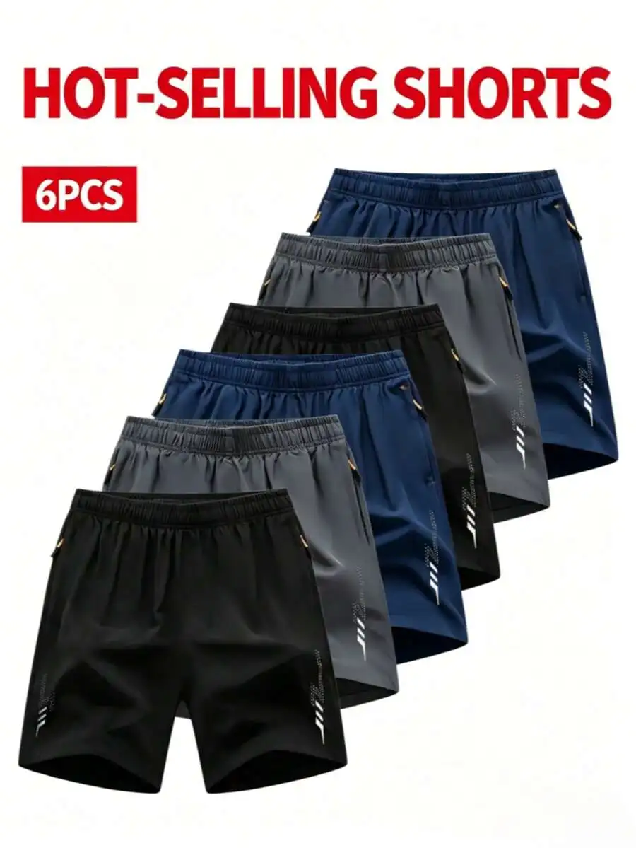 

6 Pcs Mens Quick-Dry Breathable Sports Shorts Reflective Geometric Pattern Casual Summer Gym Beach