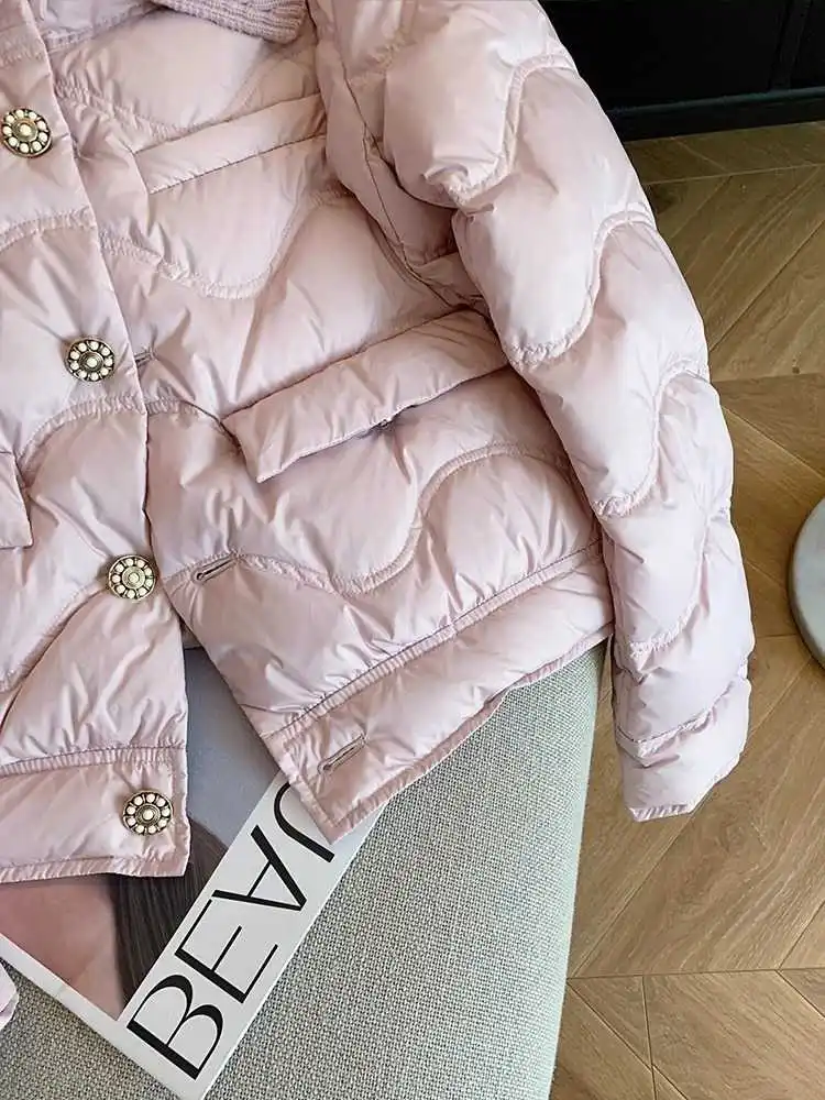 French Pink Long Sleeve Warm Cotton Jacket Women Winter Single Breasted Straight Outerwear 2024 New Lady Padded Coat