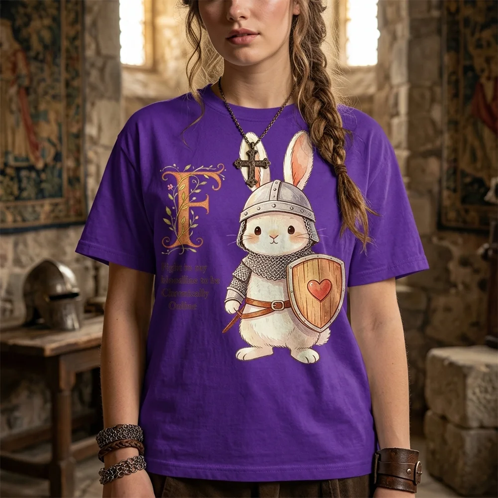 WomenCute Bunny Knight Graphic Print Short Sleeve T Shirt Funny Chronically Online Slogan Casual Summer Top ﻿