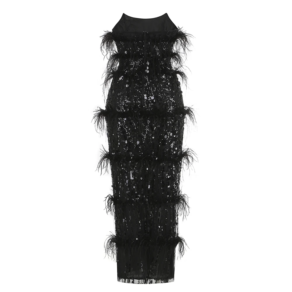 Sexy trägerloses, rückenfreies, mit Pailletten besetztes Midikleid für Abschlussball, ärmelloses Feder-Maxikleid, Cocktail-Geburtstags-Abend-Partykleid