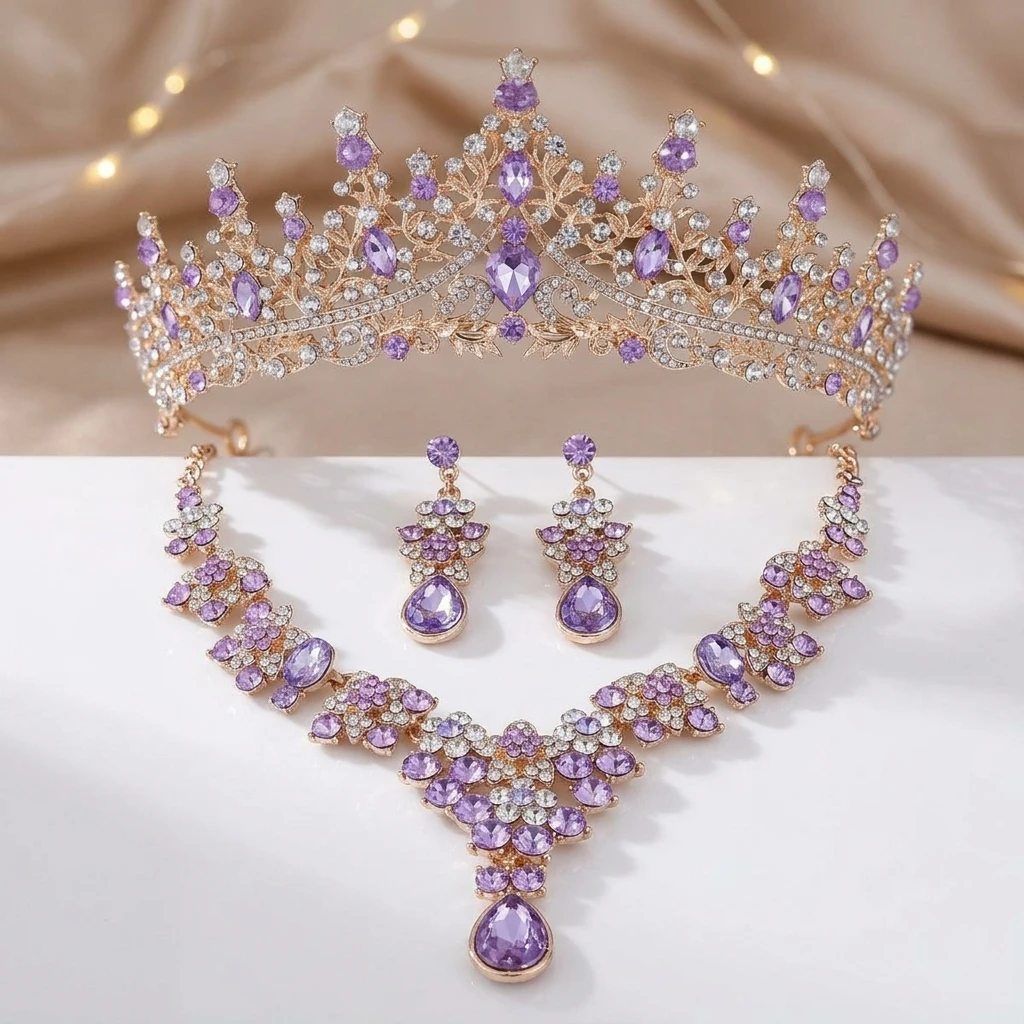 

Bridal Alloy Rhinestone Necklace Earring Headpiece Set Jewelry For Wedding Dress