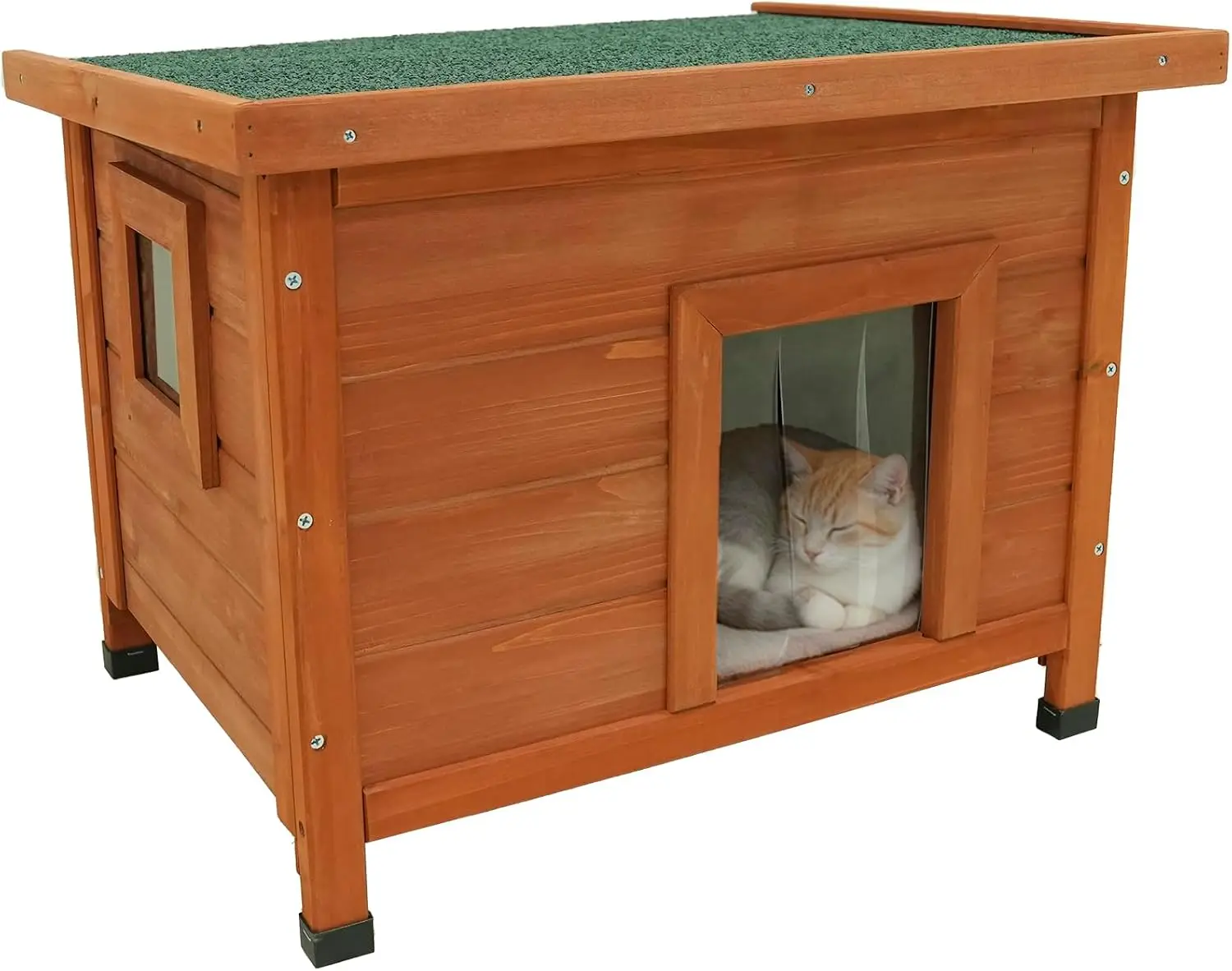 Solid Wood Cat House Small Dog House, Indoor Outdoor Weatherproof Pet Hutch with Windproof PVC Door Curtain, Non-Slip Foot Pads, Removable Base, Asphalt Roof, Warm Shelter for Kittens Mini Dogs