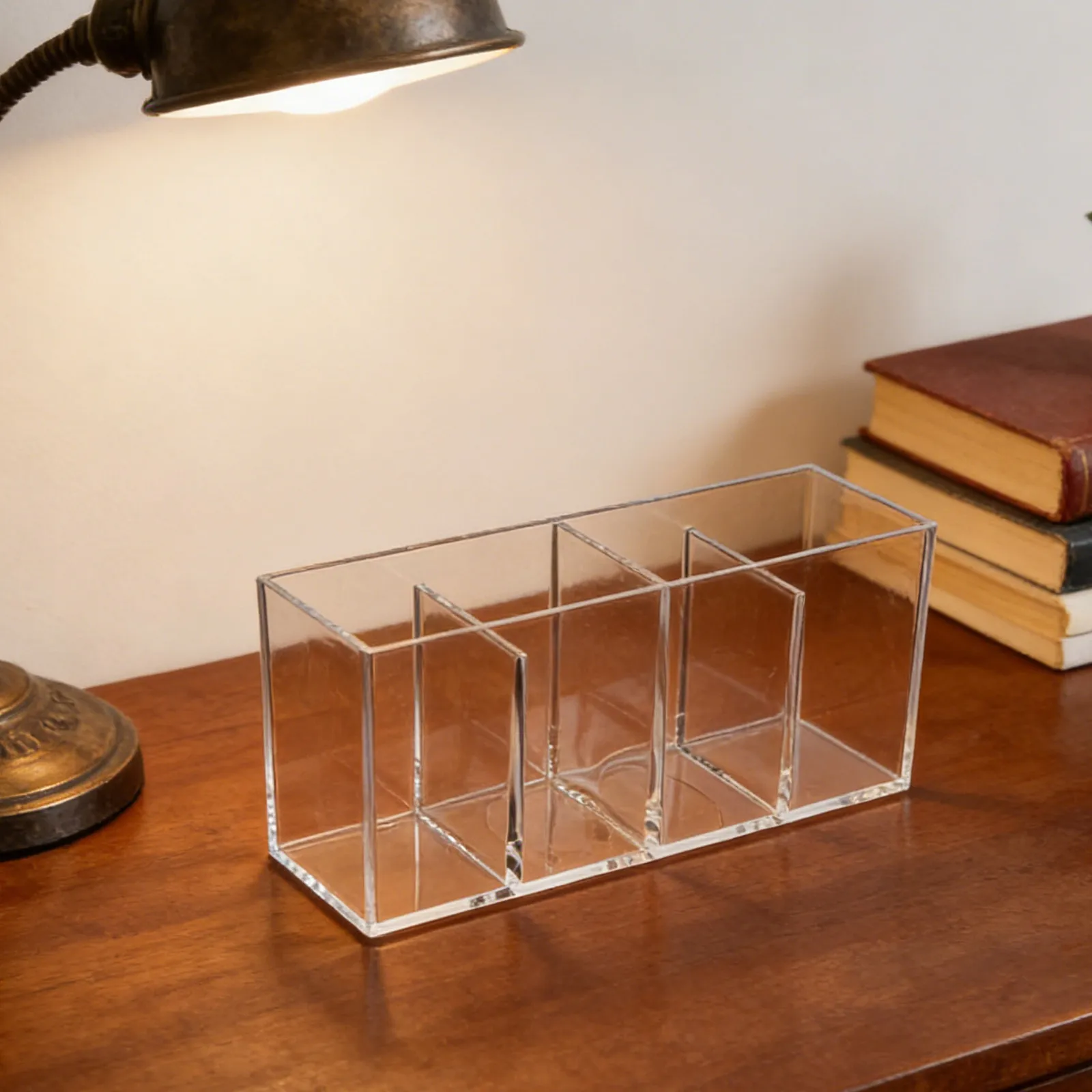 

Acrylic Pen Holder 4 Compartments Transparent Desk Organizer Pencil Storage Box Multipurpose Clear Stationery Organizer Cutlery