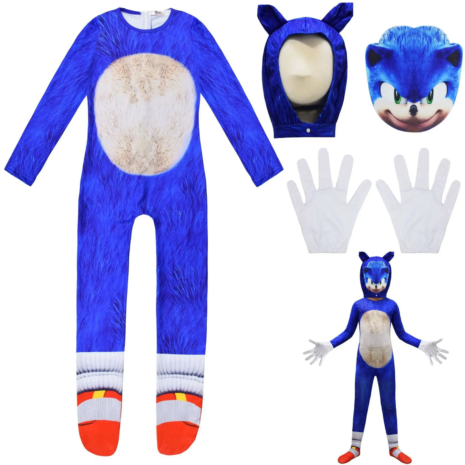 Kids Sonic Anime Cartoon Jumpsuit Mask Outfit for Boys Girls Christmas Halloween Cosplay Costume