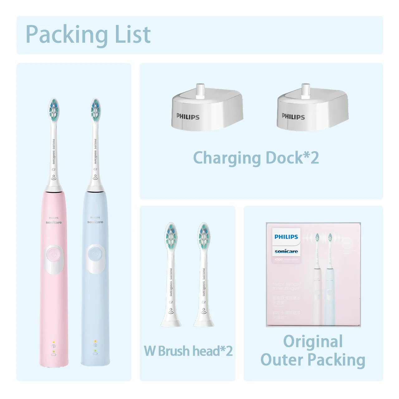 Philips Sonicare, Electric Toothbrush for couples, 4300 HX6805 2 pieces, recahrgeable, Pressure sensor