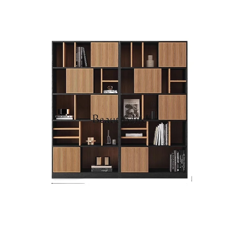 

Vintage Style Bookshelf Floor-Standing Integrated Wall-Mounted Full Wall Living Room Color-Block Storage Solid Wood Display