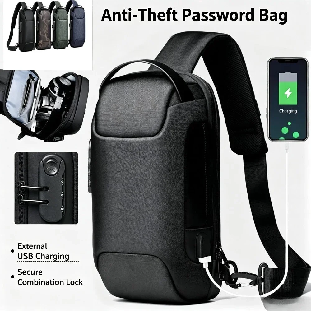 Anti-Theft Password Sling Bag,Waterproof Chest Bag with USB Charging Port,Lightweight Shoulder Backpack for Travel Daily Commute