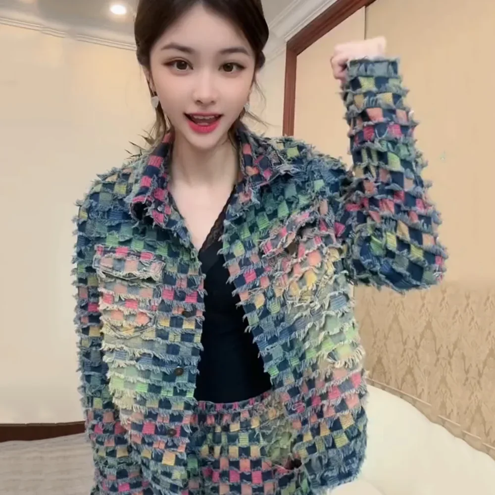 

Women 2 Pieces Colorful Print Tassel Denim Jacket Coat + Loose Straight Jeans Rainbow Oversized Suit 2025 Spring Autumn Sets