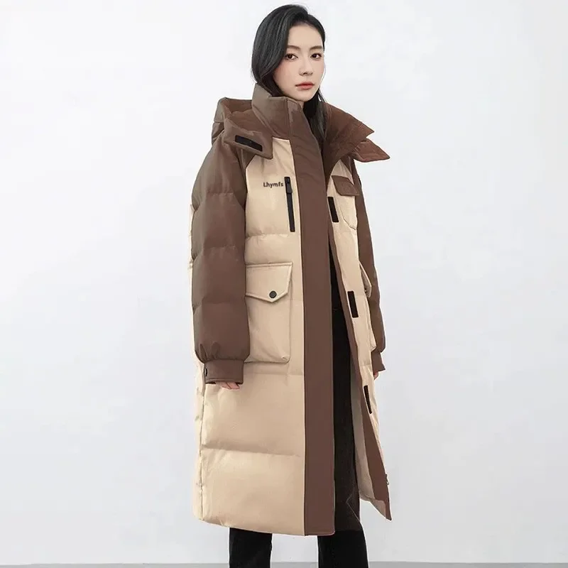 

Contrast Color Stitching Cotton Jacket Women's Overcoat Winter New Fried Street Long Loose Cotton Coat Hooded Thick Warm Parka