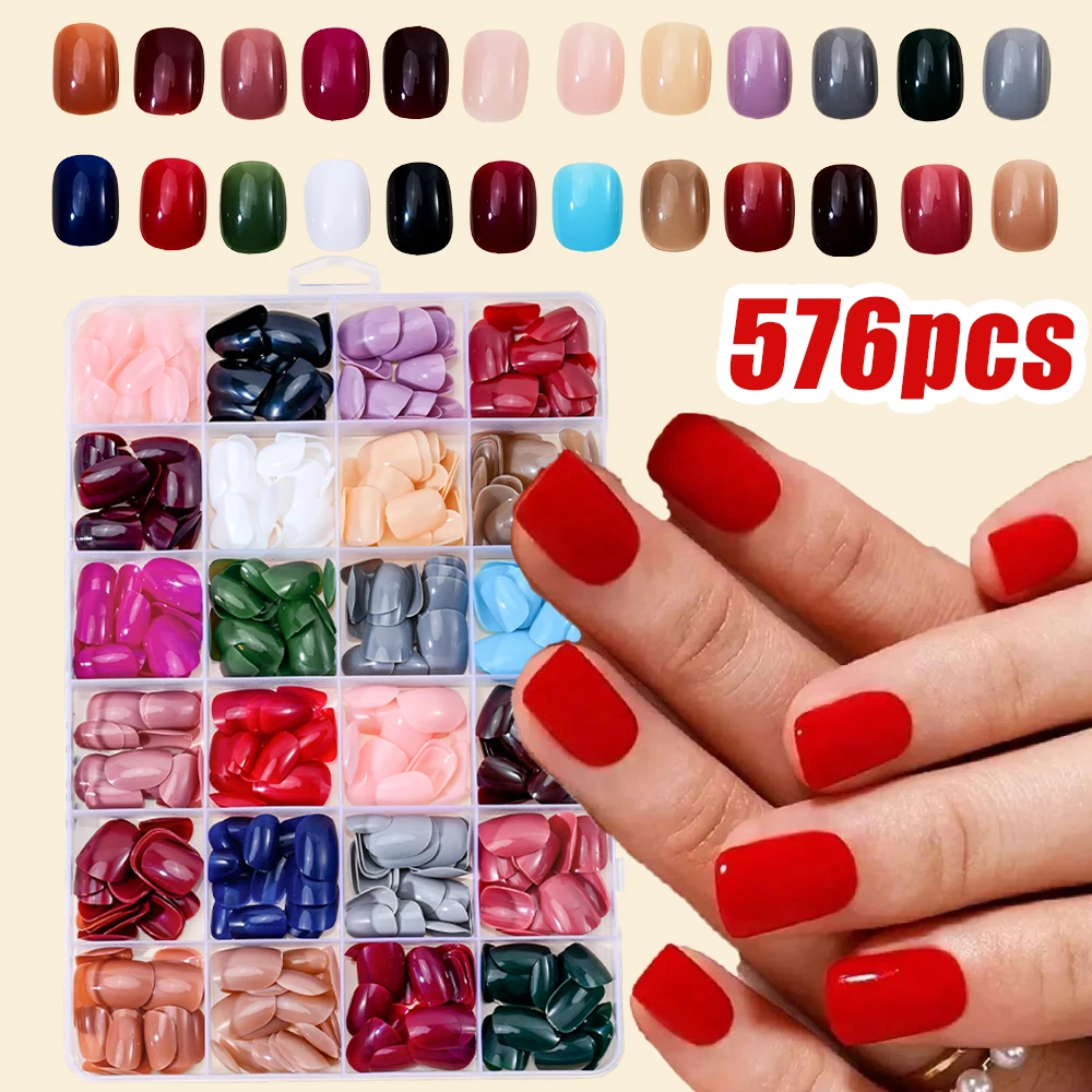 

24Colors (576Pcs) Short Square Press On Nails Full Cover Solid Color Artificial False Nails Tips For Women Girls Nail Art Design