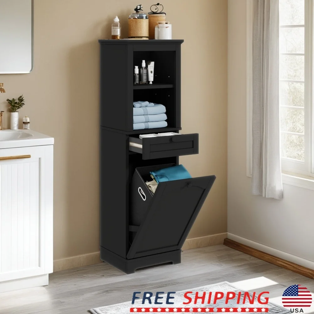 

Bathroom Storage Cabinet with Drawer Laundry Hamper Freestanding Organizer MDF Shelves Discreet Design Modern Home Storage Unit