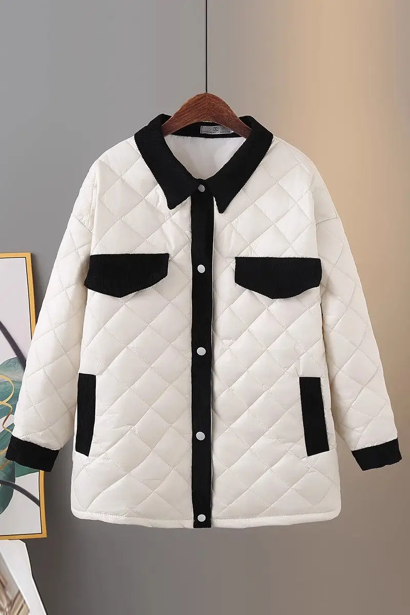 Winter koreanischer Mantel warme Baumwoll jacke mittellanger Revers kragen Cord kontrastierende Patchwork übergroße geste ppte Kleidung z4291