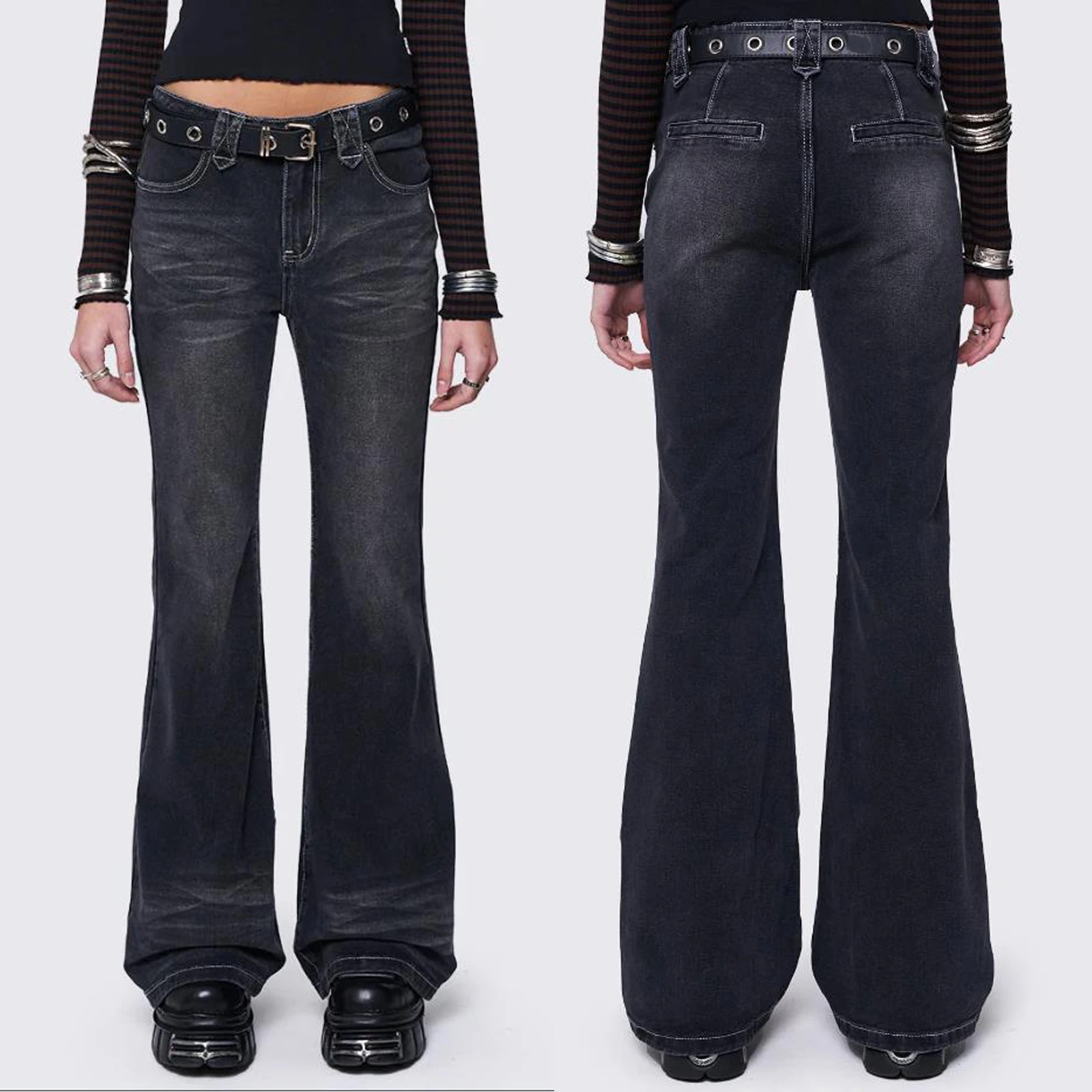 

2025 Women Flare Jeans Low Rise Bell Bottom Denim Pants with Pockets Trendy Long Trousers