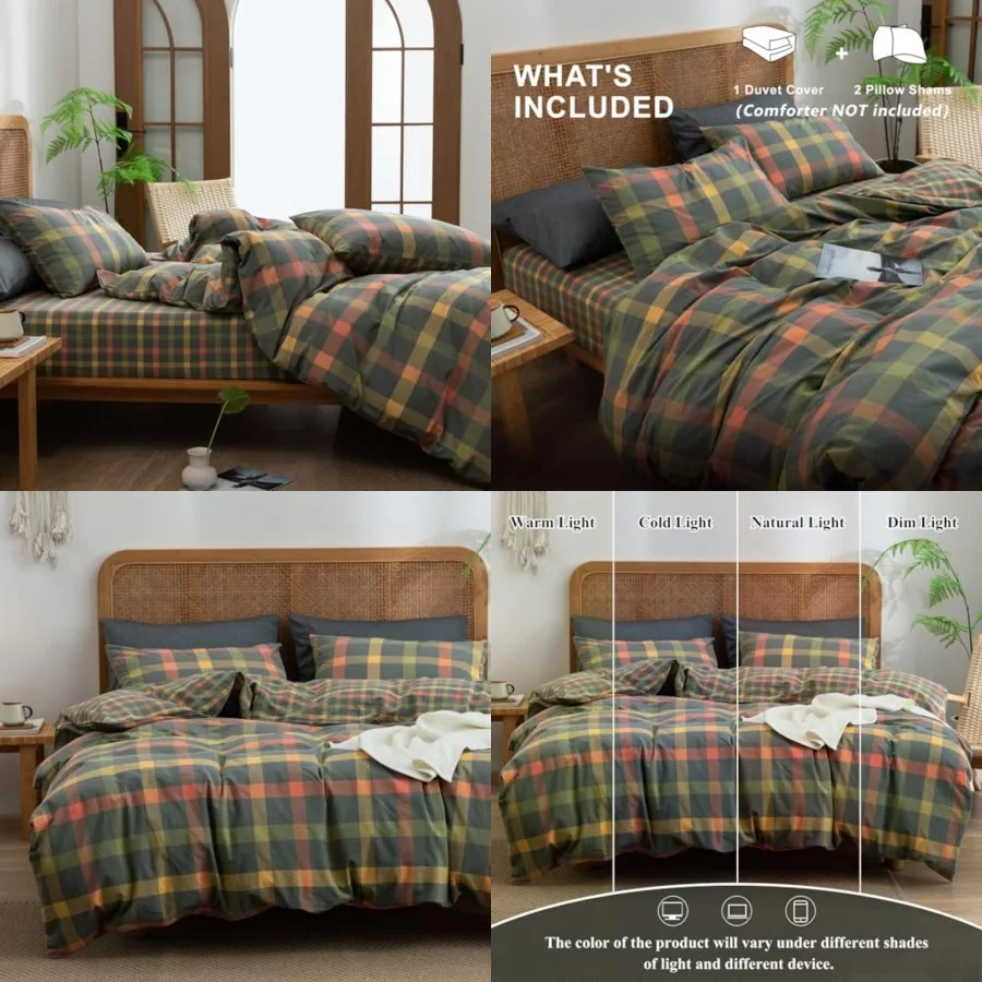 

Plaid Duvet Cover Set Queen Washed Cotton Reversible Bedding Multicolor Buffalo Grid Duvet Cover with 2 Pillowcases for Men Wom
